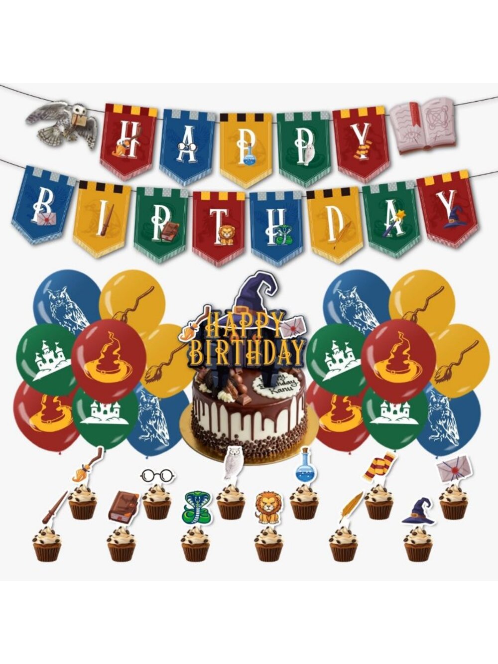 Magical Wizard Birthday Party Supplies - Happy Birthday Banner, Balloons & Cake